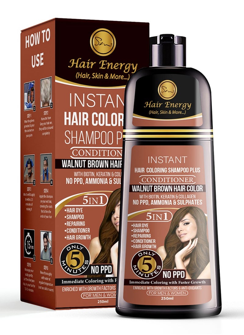 Hair Energy Instant Hair Coloring Shampoo + Conditioner | 100% Grey Coverage | 5-in-1 Hair Care Solution | Natural & Gentle| With Biotin, Keratin & Collagen | Reduces Frizz | Walnut  Brown Color | 250 ml