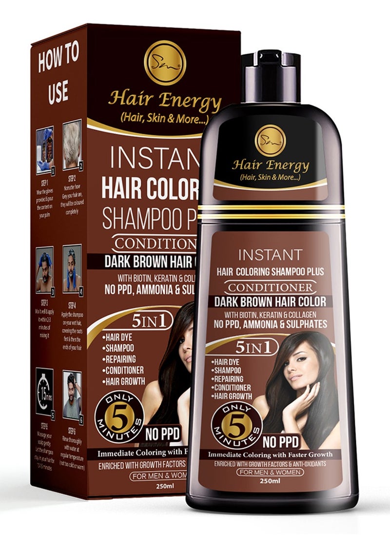 Hair Energy Instant Hair Coloring Shampoo + Conditioner | 100% Grey Coverage | 5-in-1 Hair Care Solution | Natural & Gentle| With Biotin, Keratin & Collagen | Reduces Frizz | Dark Brown Color | 250 ml