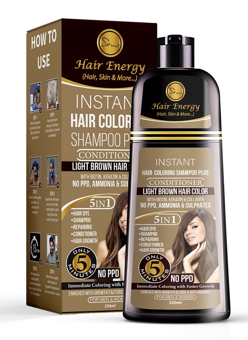 Hair Energy Instant Hair Coloring Shampoo + Conditioner | 100% Grey Coverage | 5-in-1 Hair Care Solution | Natural & Gentle| With Biotin, Keratin & Collagen | Reduces Frizz | Light Brown Color | 250 ml