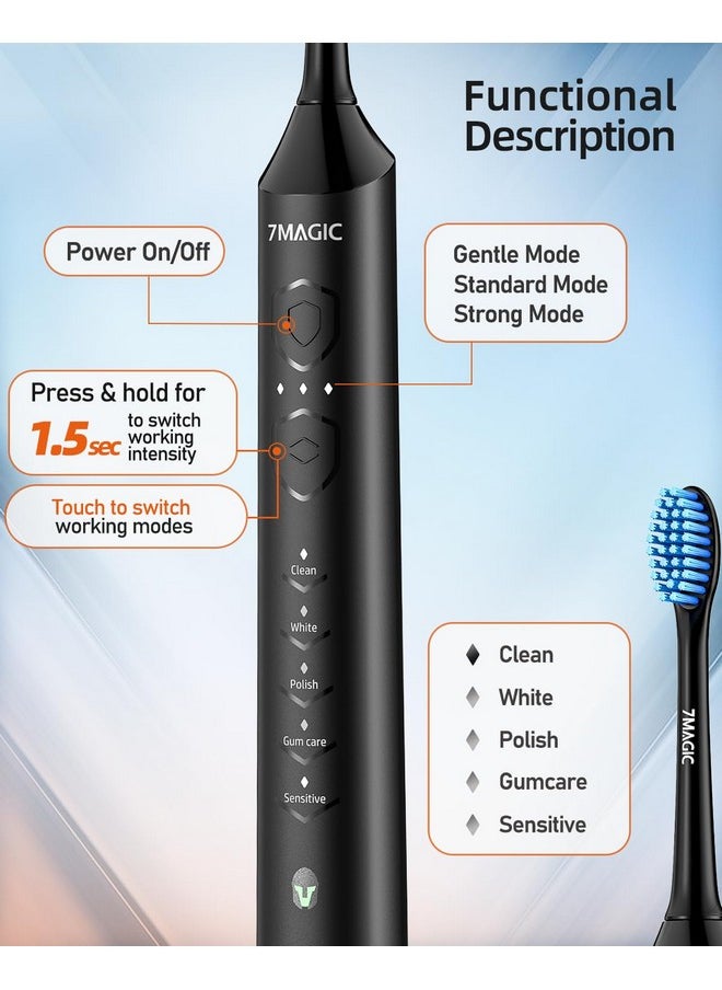 Electric Toothbrush For Adults, Sonic Toothbrush With 3 Intensity Levels & 5 Modes, One Charge For 90 Days, Rechargeable Electric Toothbrush With 6 Toothbrush Heads & 40,000 Vpm Deep Clean(Black)