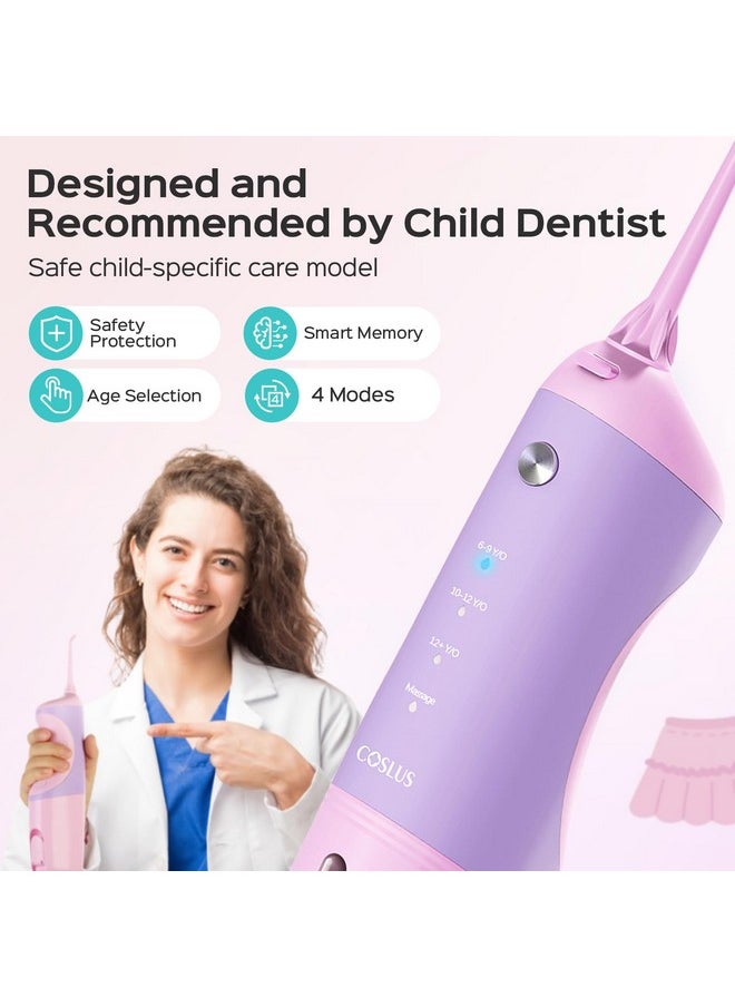 Kids Water Dental Flosser Deep Cleaning Picks, Portable, 4 Modes For Ages 6+ Safe Waterproof Newest Flosser Rechargeable With 4 Jet Tips For Gums Care F5023 Pink Purple