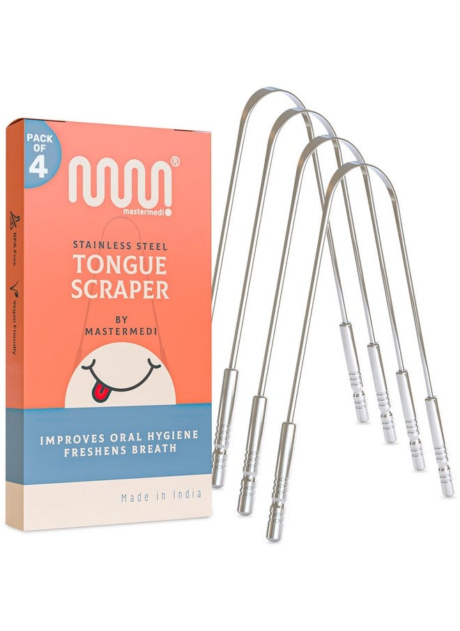 Tongue Cleaner Tongue Scraper Surgical Grade Stainless Steel Tongue Brush Dental Kit Professional Eliminate Bad Breath With Non-Synthetic Grip (Family Pack (4 Pcs)