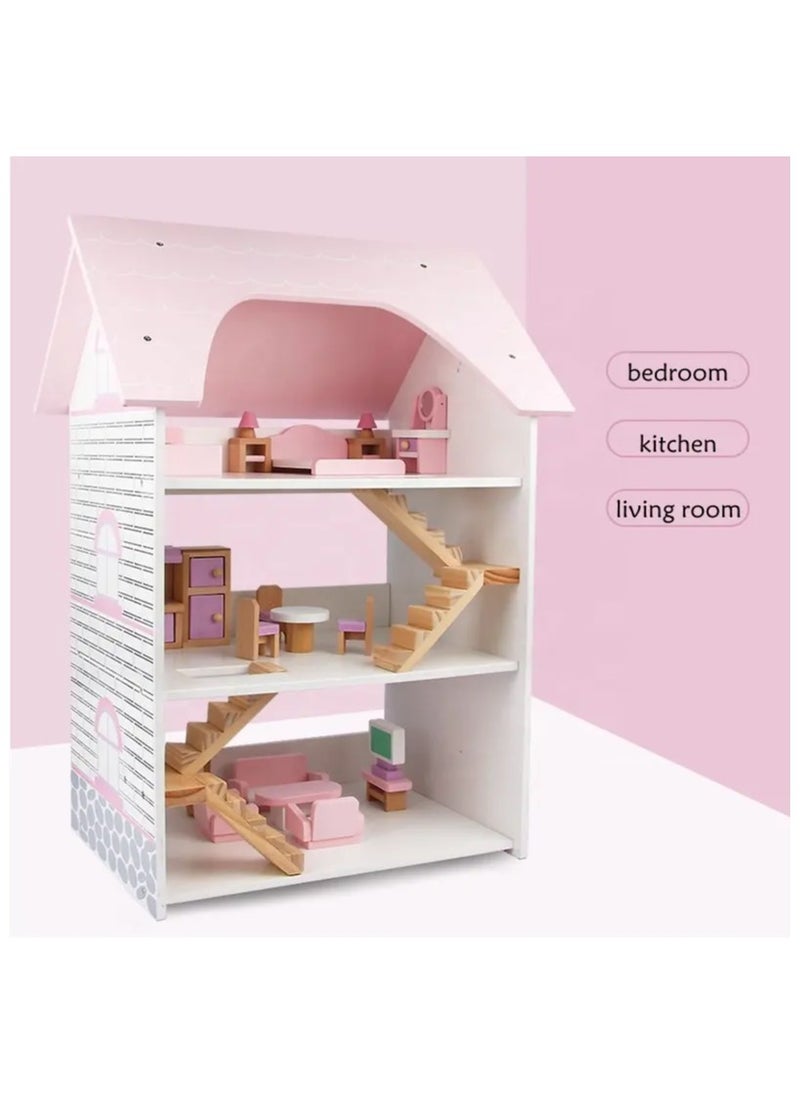 Dollhouse Pink Dream House for Girls - 3-Story DIY Dollhouse with Furniture & Accessories | Pretend Play House Set for Toddlers | Princess Dollhouse for Kids Aged 3+