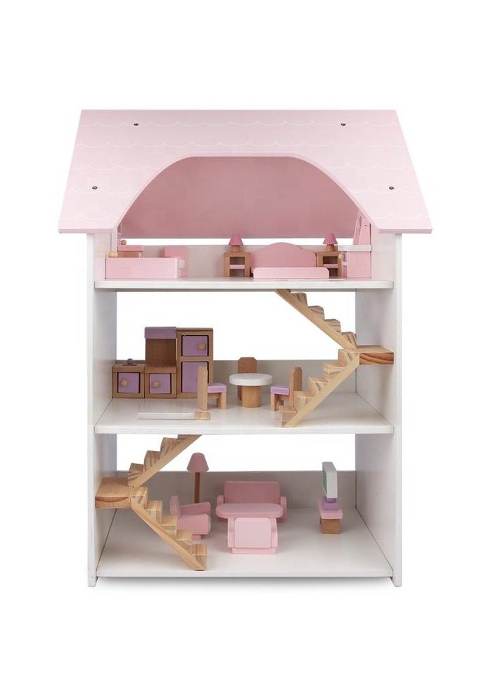 Dollhouse Pink Dream House for Girls - 3-Story DIY Dollhouse with Furniture & Accessories | Pretend Play House Set for Toddlers | Princess Dollhouse for Kids Aged 3+