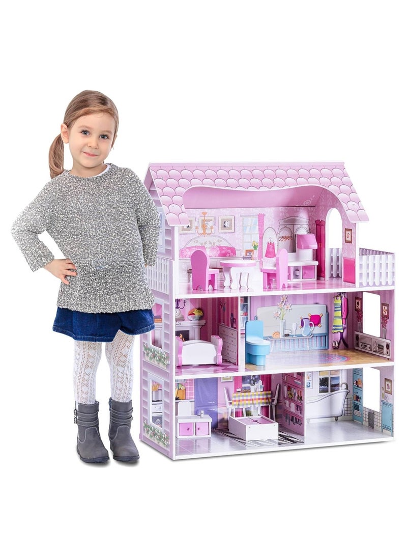 Kids Wooden Dollhouse - 3-Storey Pretend Play Dreamhouse with Furniture Accessories, Large Wooden Playhouse for Toddlers and Children Ages 3+, Durable Wooden Doll House Toy for Imaginative Play