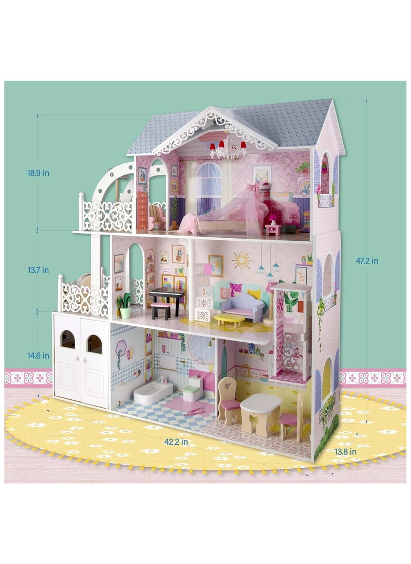 Wooden Dollhouse with Furniture for Kids - 3-Story Doll House Playset for Girls, DIY Pretend Play Toy with Accessories, Ideal Birthday Gift for Children Ages 3+