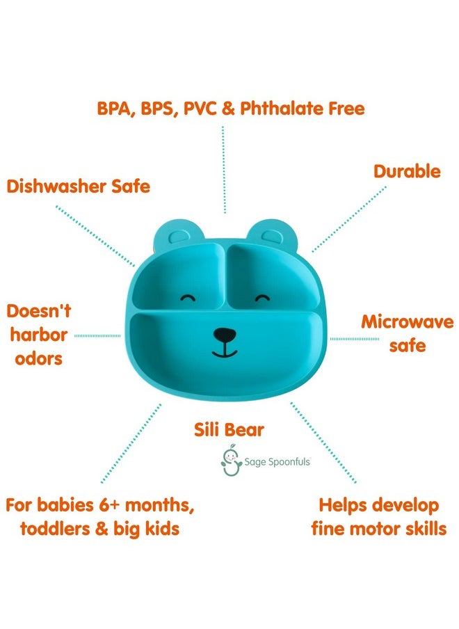 100% Silicone Divided Toddler Plate - 1 Bear Suction Plate For Babies, Toddlers And Big Kids - Dishwasher And Microwave-Safe - Bpa, Phthalate, Pvc, Lead, Bps, And Latex-Free - Blue