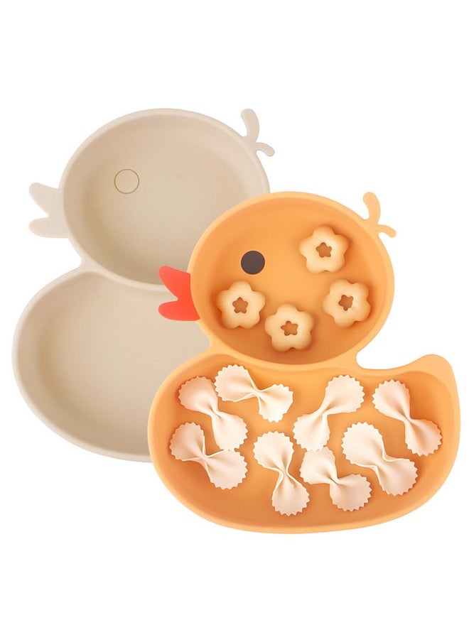 Toddler Plates,2 Pack Suction Plates For Baby,Baby Divided Plate,Thanksgiving Plates,Duck Baby Plate Non-Slip,Bpa Free,Microwave & Dishwasher Safe (Orange+Beige)