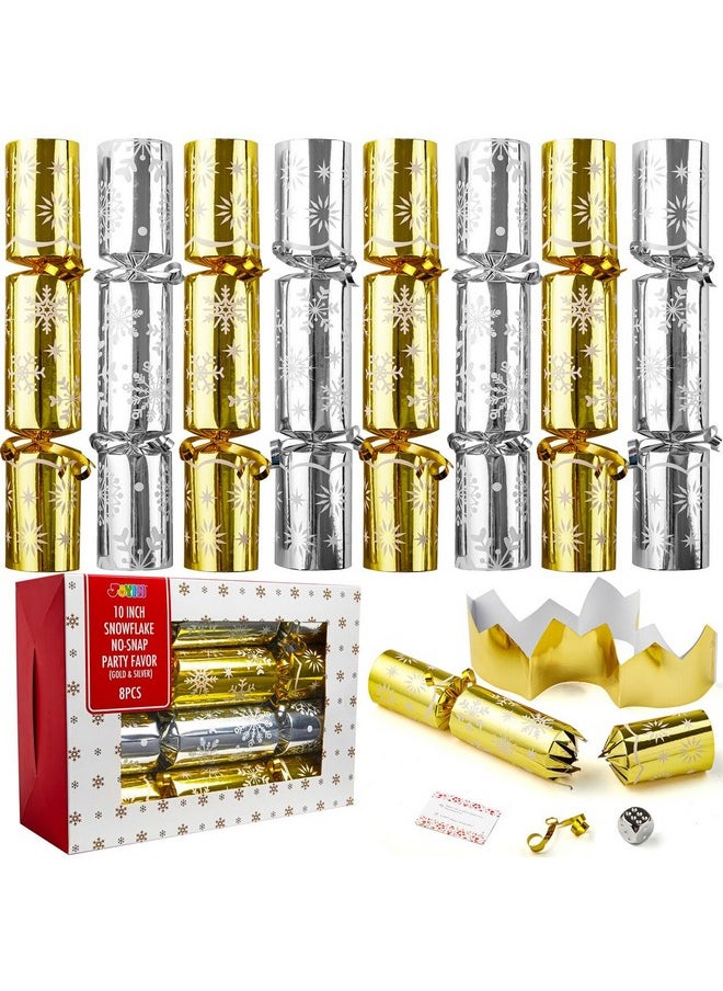 8 Pack Christmas No Snap No Popping Party Table Favor With Gold & Silver Snowflake Design, With Party Hat, Joke & Little Gift Inside, For Xmas Gift, Christmas Seasonal Holiday Dinner