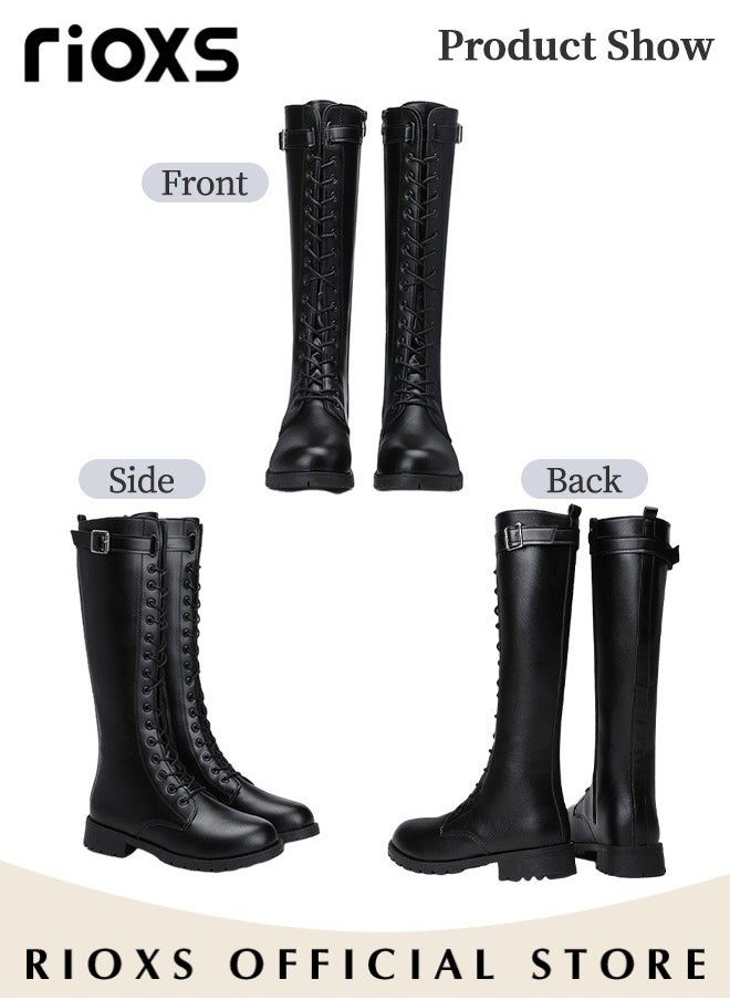 Women's Over The Knee High Boots Ladies Fashion Casual Leather High Elastic High Boots Side Zipper Lace Up Thick Mid-heel Rider Boots Long Tube Knee-Length Boots