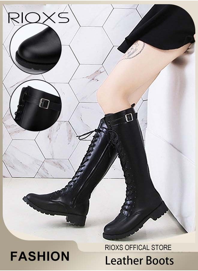 Women's Over The Knee High Boots Ladies Fashion Casual Leather High Elastic High Boots Side Zipper Lace Up Thick Mid-heel Rider Boots Long Tube Knee-Length Boots