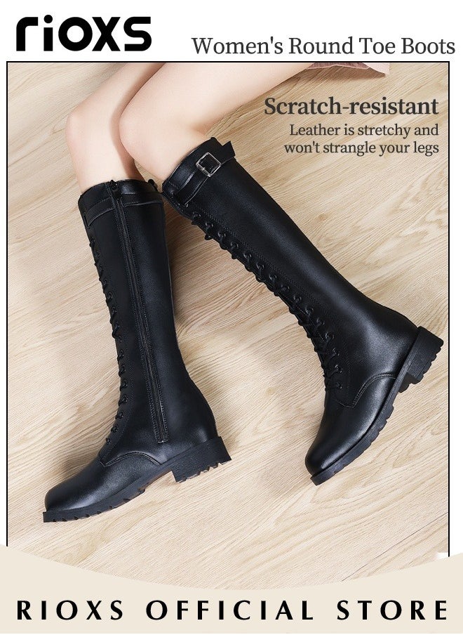 Women's Over The Knee High Boots Ladies Fashion Casual Leather High Elastic High Boots Side Zipper Lace Up Thick Mid-heel Rider Boots Long Tube Knee-Length Boots