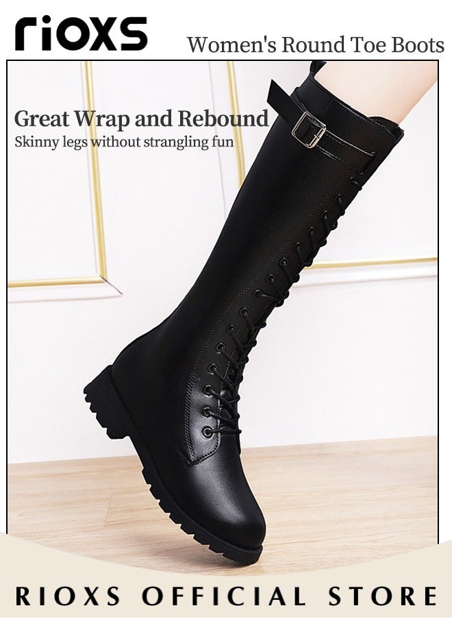 Women's Over The Knee High Boots Ladies Fashion Casual Leather High Elastic High Boots Side Zipper Lace Up Thick Mid-heel Rider Boots Long Tube Knee-Length Boots