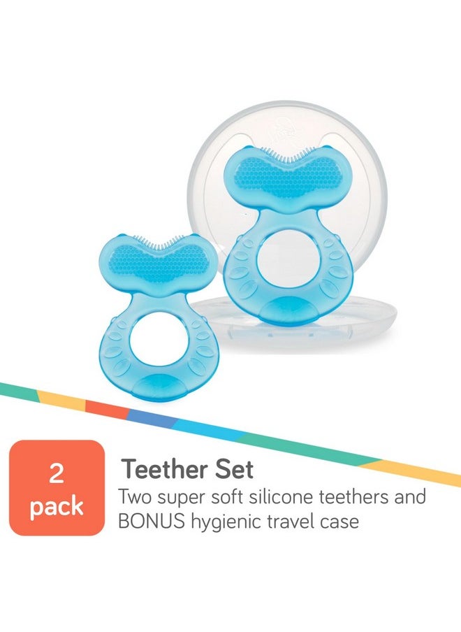 Soft Silicone Teether With Massaging Bristles | 2 Pack: Blue | 3M + | Travel Case Included