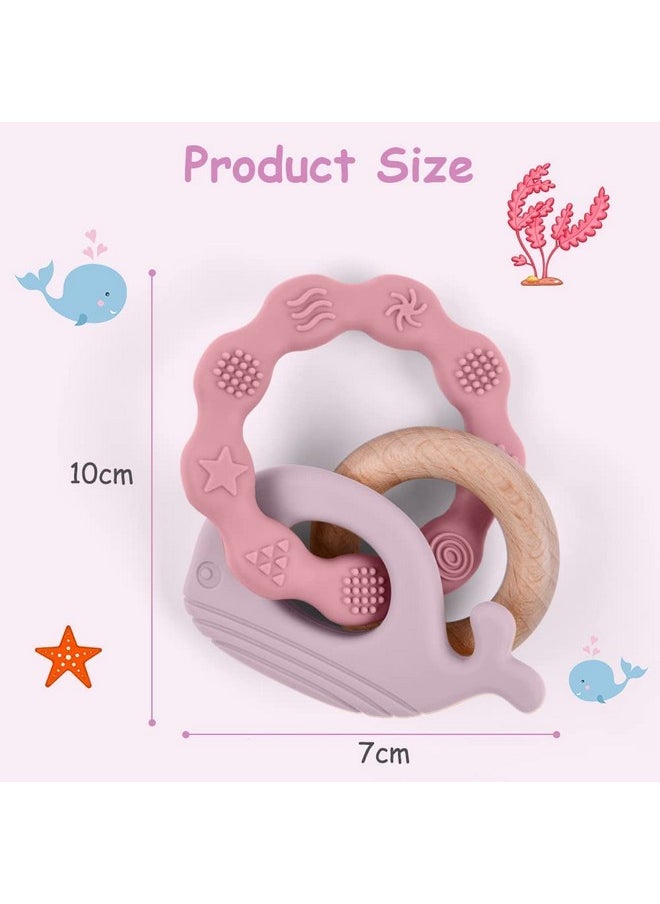 Baby Teether Toys, Silicone & Natural Wood Teether Ring, Baby Teething Toys For Babies 0 Months, Silicone Chewable Rings For Newborn Gift（Pink）