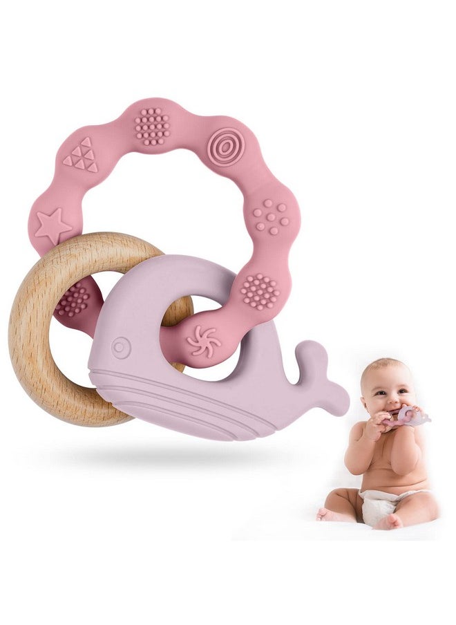 Baby Teether Toys, Silicone & Natural Wood Teether Ring, Baby Teething Toys For Babies 0 Months, Silicone Chewable Rings For Newborn Gift（Pink）