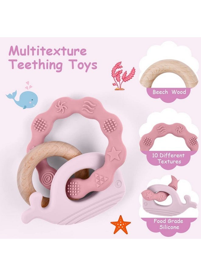 Baby Teether Toys, Silicone & Natural Wood Teether Ring, Baby Teething Toys For Babies 0 Months, Silicone Chewable Rings For Newborn Gift（Pink）