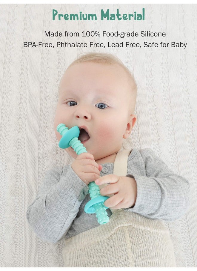 Teething Tube With Safety Shield Baby Hollow Teether Sensory Toys Gum Massager, Food-Grade Silicone For Infant, Toddler, Boys & Girls, 1 Pair With 4 Cleaning Brush Included (Cyan+Gray)