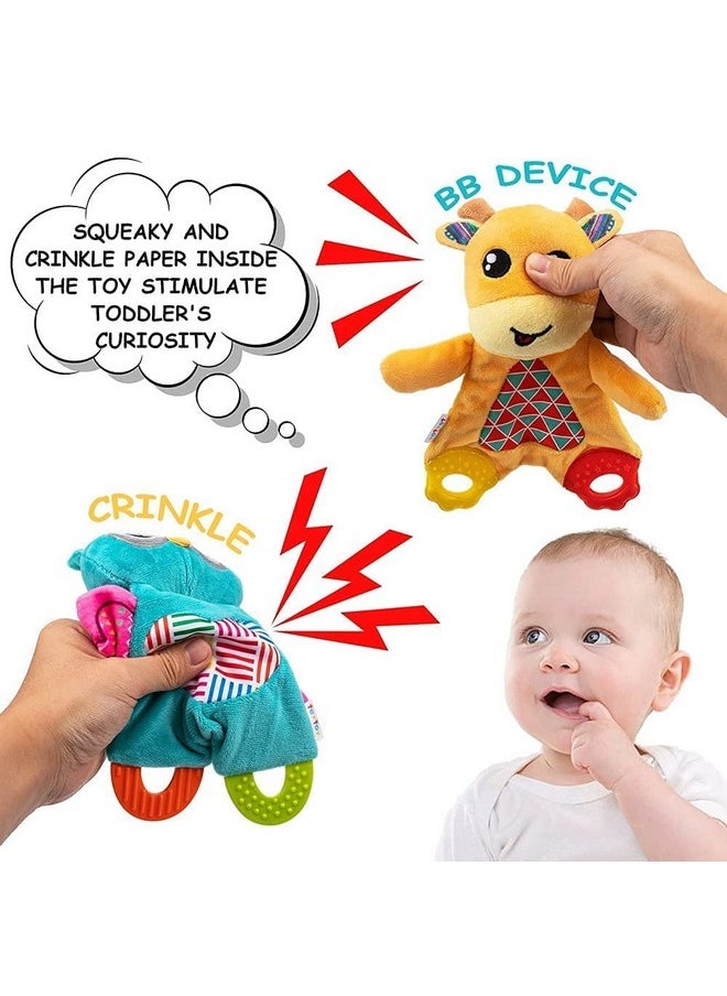 2 Pcs Crinkle Toys For Baby With Teether, Baby Teething Sensory Toys Newborn Bib Saliva Soother Towel, Soft Snuggle Sleeping Security Blanket For Unisex Babies 0-36 Months Gifts(Owl And Deer)