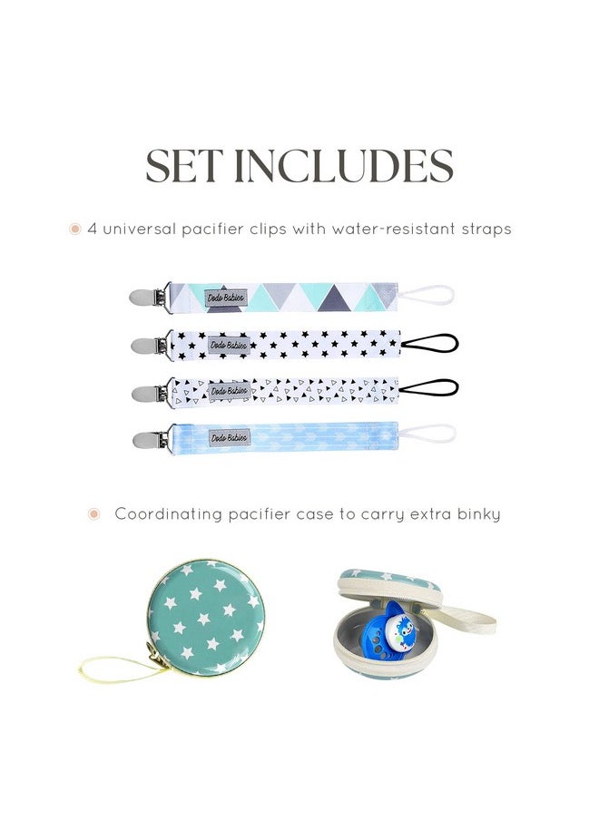 Pacifier Clip Set - Four Clips Plus Binky Case - Universal Holder Fits Most Paci Brands, Teether Toys And Car Seats - Blue And White Prints For Girls Or Boys