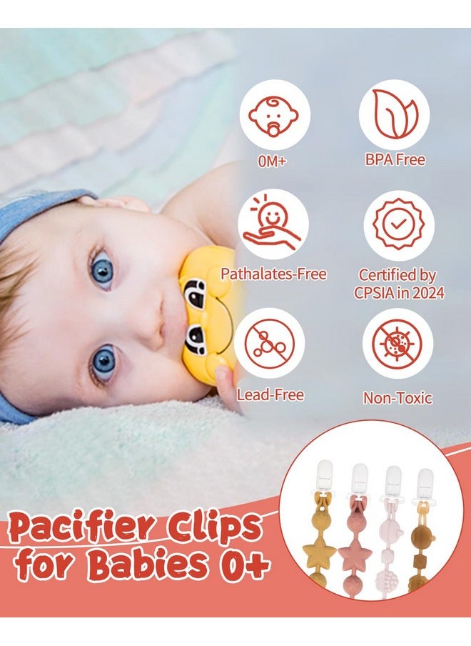 Silicone Pacifier Clips 4 Pack, Pacifier Holder Clip For Baby Boy Girl Fits All Pacifier,Binky,Teething Toys And Teether-Neutral Color 4Gjs16-B