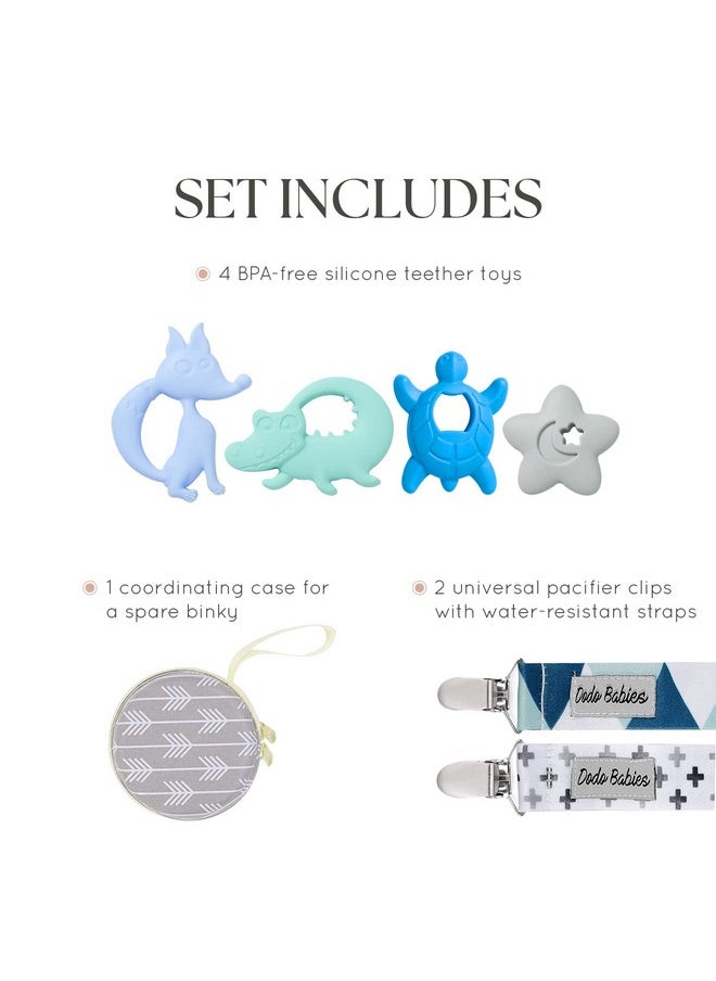 Teething Toy & Pacifier Clip Set - Silicone Teether Four Pack Plus Two Universal Holder Paci Leashes And Binky Case - Blue Animal Shapes - Great Shower Gift For Baby Girl Or Boy