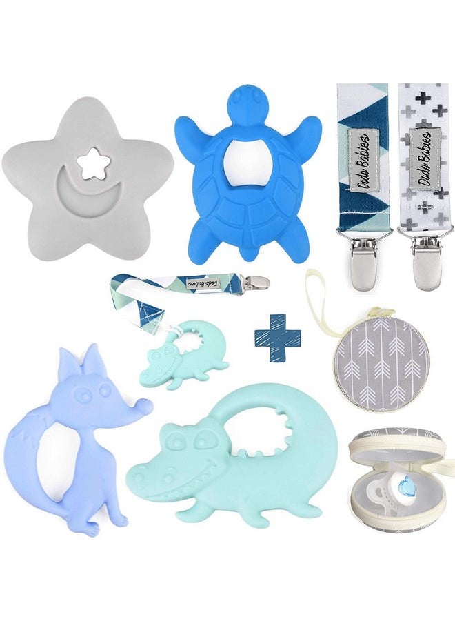 Teething Toy & Pacifier Clip Set - Silicone Teether Four Pack Plus Two Universal Holder Paci Leashes And Binky Case - Blue Animal Shapes - Great Shower Gift For Baby Girl Or Boy