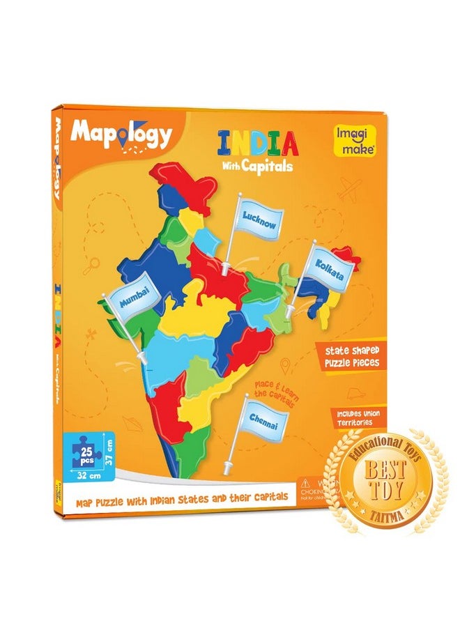 Mapology India With State Capitals - Educational Toy And Learning Aid For Boys And Girls - India Map Puzzle - Jigsaw Puzzle, 25 Pieces, Kids