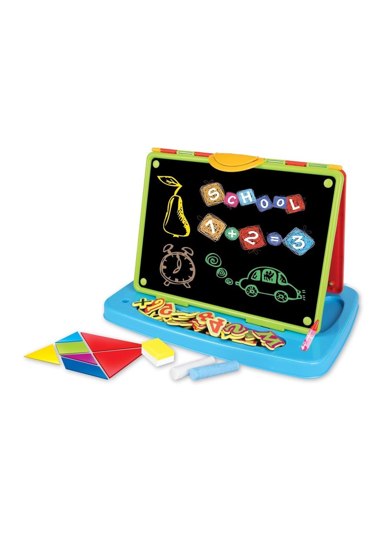 Multifunctional Kids Learning Easel and Drawing Set with Magnetic Board, Chalkboard, Puzzle Shapes, and Educational Accessories