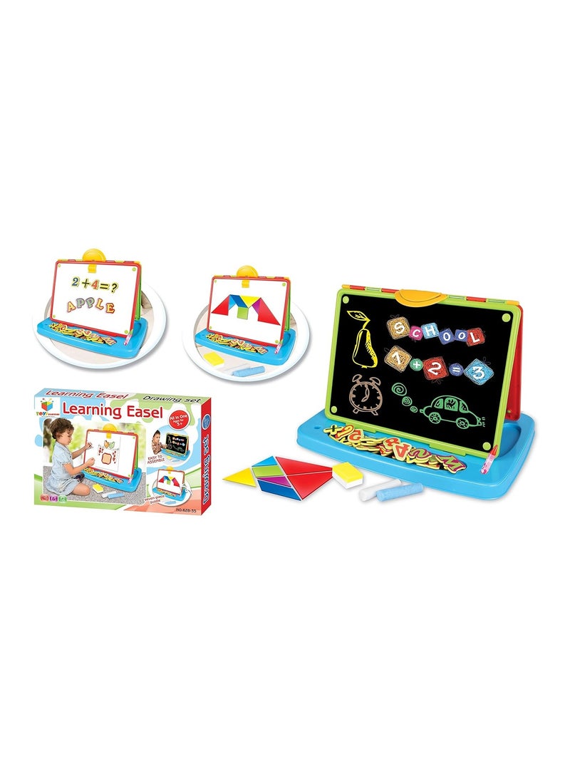 Multifunctional Kids Learning Easel and Drawing Set with Magnetic Board, Chalkboard, Puzzle Shapes, and Educational Accessories