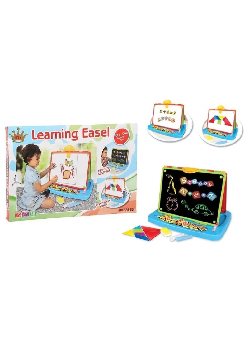 Multifunctional Kids Learning Easel and Drawing Set with Magnetic Board, Chalkboard, Puzzle Shapes, and Educational Accessories