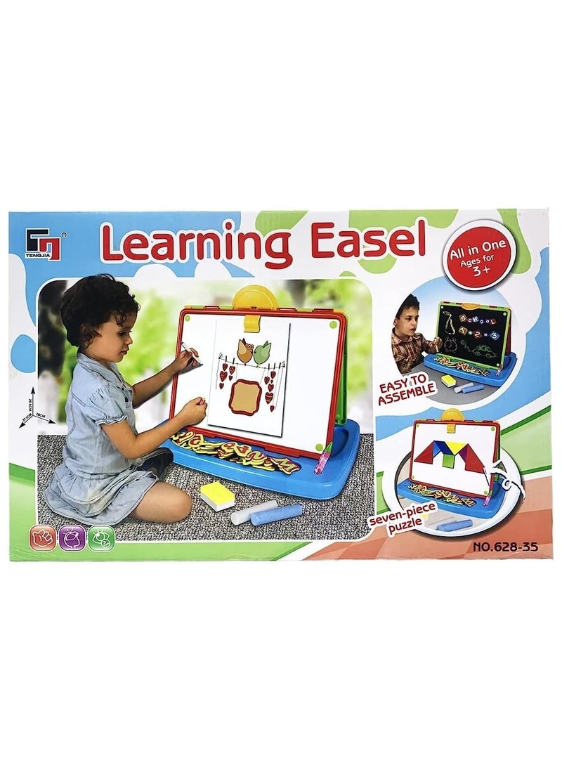 Multifunctional Kids Learning Easel and Drawing Set with Magnetic Board, Chalkboard, Puzzle Shapes, and Educational Accessories