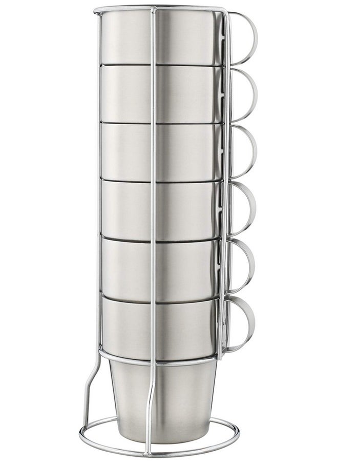 Stackable Stainless Steel Coffee Cups, Insulated Tea Cups With Stainless Steel Handle, Double Walled Insulated Coffee Mug, Keep Drinks Hot Or Cold Longer, Metal Stand, Set Of 6