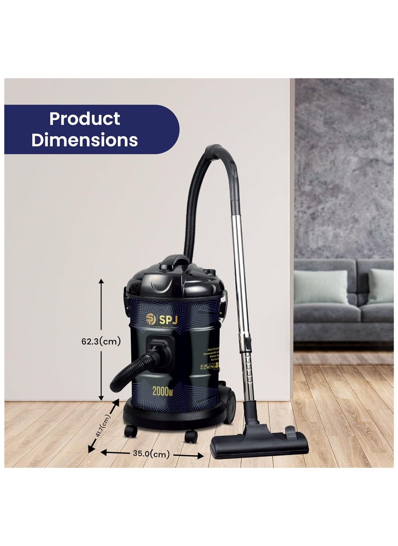 SPJ Vacuum Cleaner, 2000W Drum Vacuum Cleaner, 25L Capacity, 100% Copper Motor, Dust Full Indicator, Solid And Durable Iron Tank, Easy Parking Nozzle, Home & Office, BLACK, DVCW-BL25L02