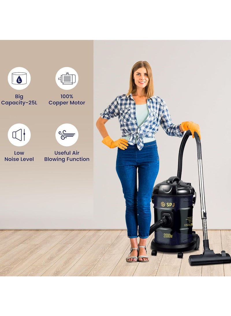 SPJ Vacuum Cleaner, 2000W Drum Vacuum Cleaner, 25L Capacity, 100% Copper Motor, Dust Full Indicator, Solid And Durable Iron Tank, Easy Parking Nozzle, Home & Office, BLACK, DVCW-BL25L02