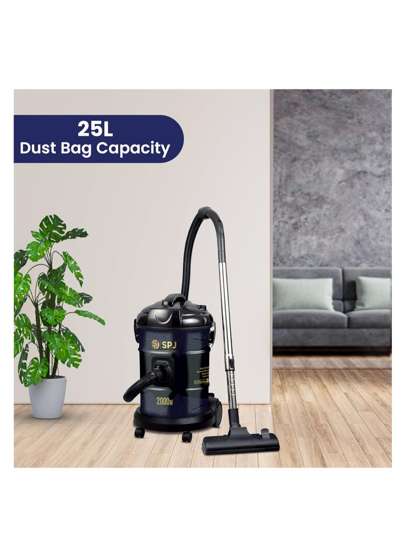 SPJ Vacuum Cleaner, 2000W Drum Vacuum Cleaner, 25L Capacity, 100% Copper Motor, Dust Full Indicator, Solid And Durable Iron Tank, Easy Parking Nozzle, Home & Office, BLACK, DVCW-BL25L02