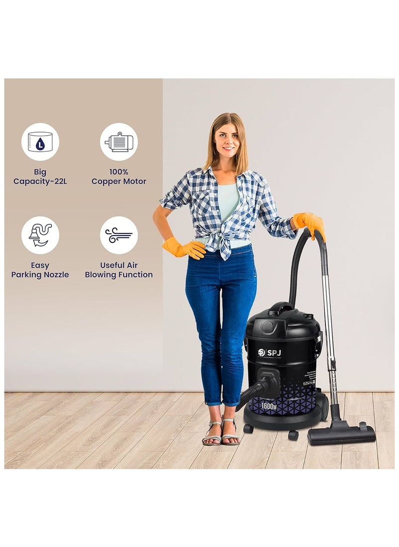 SPJ Vacuum Cleaner, 1600W Drum Vacuum Cleaner, 22L Capacity, 100% Copper Motor, Dust Full Indicator, Solid And Durable Iron Tank, Easy Parking Nozzle, Home & Office, BLACK, DVCW-BL22L01