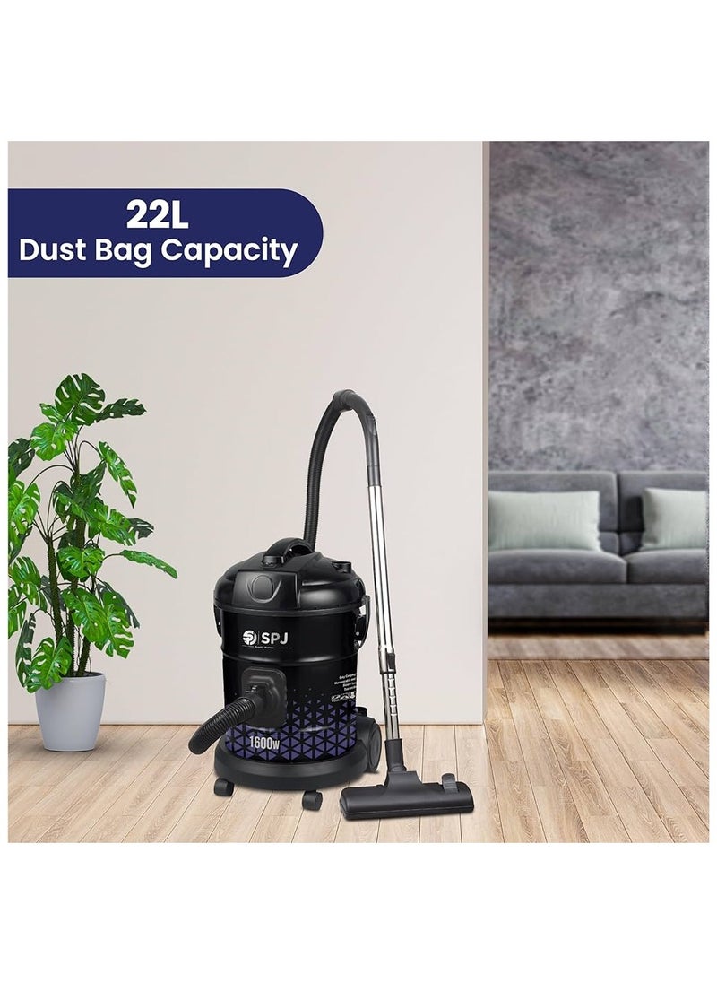 SPJ Vacuum Cleaner, 1600W Drum Vacuum Cleaner, 22L Capacity, 100% Copper Motor, Dust Full Indicator, Solid And Durable Iron Tank, Easy Parking Nozzle, Home & Office, BLACK, DVCW-BL22L01