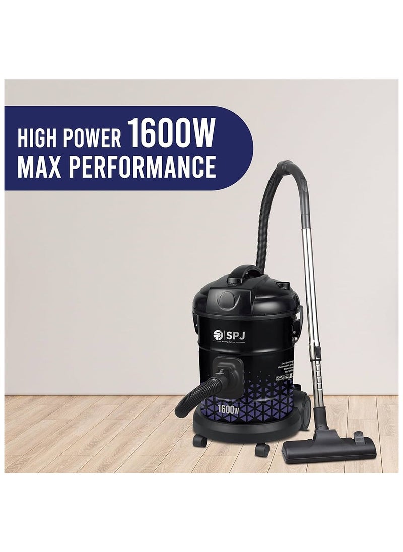 SPJ Vacuum Cleaner, 1600W Drum Vacuum Cleaner, 22L Capacity, 100% Copper Motor, Dust Full Indicator, Solid And Durable Iron Tank, Easy Parking Nozzle, Home & Office, BLACK, DVCW-BL22L01