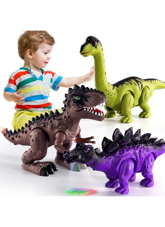 3 Pack Electric Walking Dinosaur Toys For Toddlers 2-4 3-5 Years With Roar Sounds And Lights Up, Realistic Robot T-Rex, Brachiosaurus, Stegosaurus Dinosaur Figures For Kids