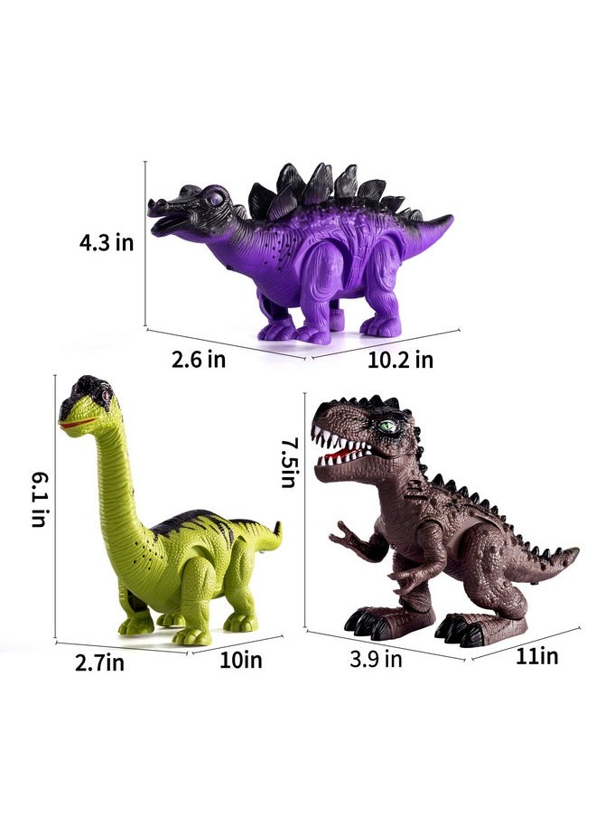 3 Pack Electric Walking Dinosaur Toys For Toddlers 2-4 3-5 Years With Roar Sounds And Lights Up, Realistic Robot T-Rex, Brachiosaurus, Stegosaurus Dinosaur Figures For Kids