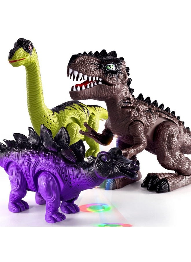 3 Pack Electric Walking Dinosaur Toys For Toddlers 2-4 3-5 Years With Roar Sounds And Lights Up, Realistic Robot T-Rex, Brachiosaurus, Stegosaurus Dinosaur Figures For Kids