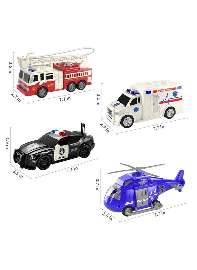 4 Pack Emergency Vehicles For Kids, Helicopter, Police Car, Fire Truck, Ambulance Friction Powered Toys For Toddlers, Gifts For Age 3-12 Boys Girls