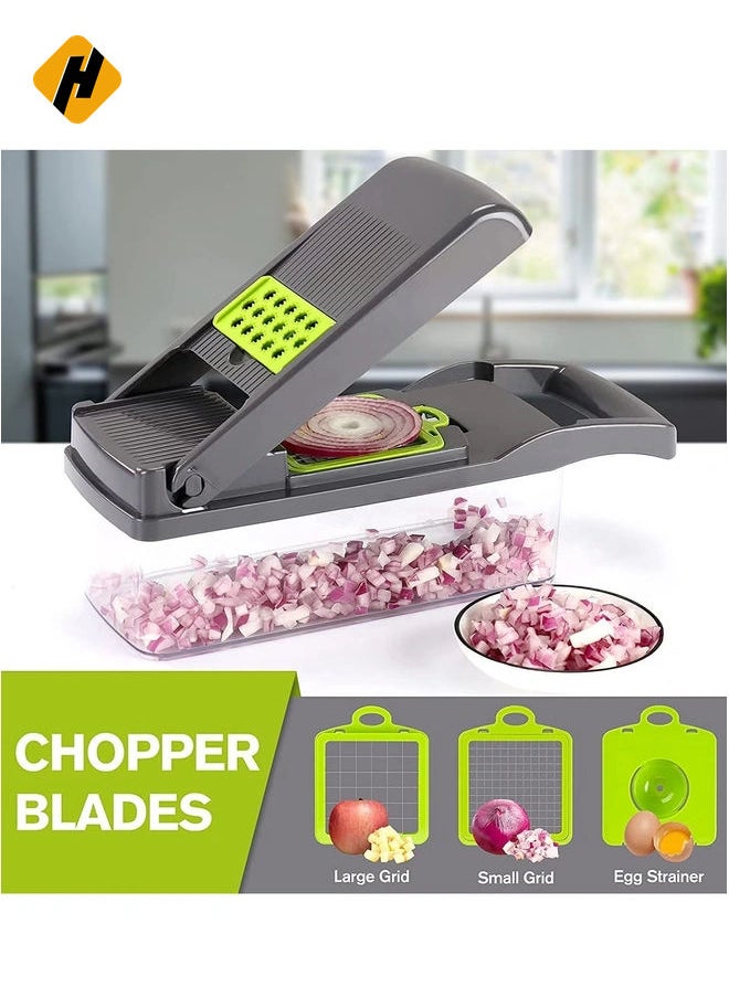 Vegetable Chopper Slicer Dicer - 12 -in -1 Onion Chopper Fruits Cutter Mandoline Slicer Food Chopper/Cutter with 7 Stainless Steel Blades, Adjustable Slicer & Dicer with Storage Container