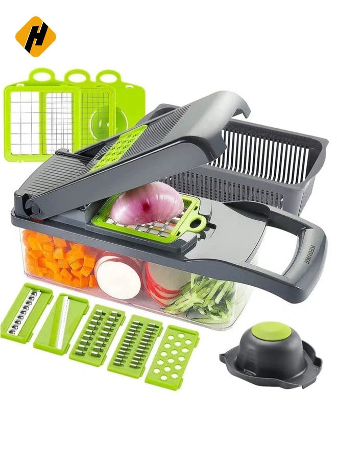 Vegetable Chopper Slicer Dicer - 12 -in -1 Onion Chopper Fruits Cutter Mandoline Slicer Food Chopper/Cutter with 7 Stainless Steel Blades, Adjustable Slicer & Dicer with Storage Container