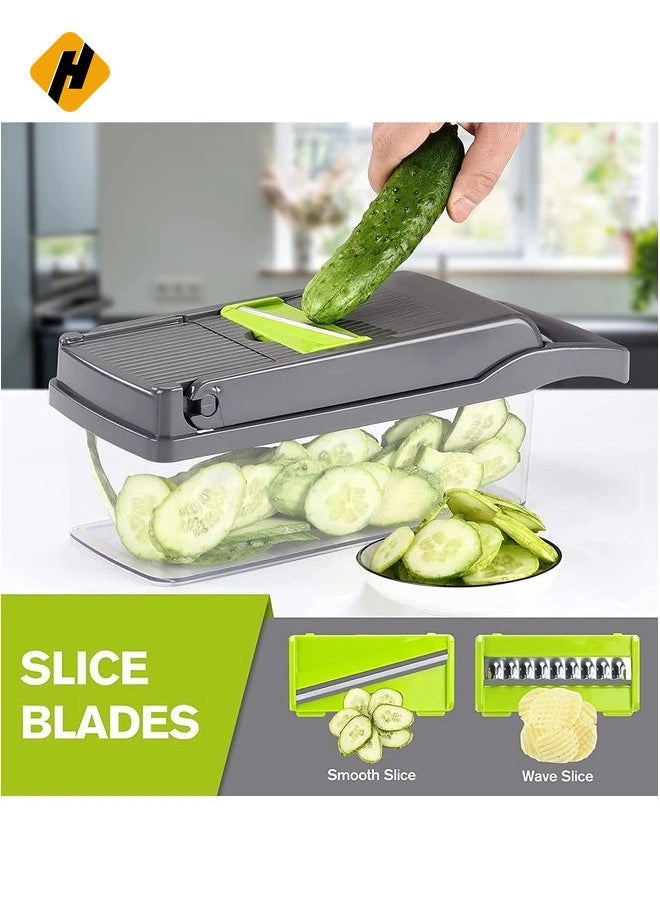 Vegetable Chopper Slicer Dicer - 12 -in -1 Onion Chopper Fruits Cutter Mandoline Slicer Food Chopper/Cutter with 7 Stainless Steel Blades, Adjustable Slicer & Dicer with Storage Container