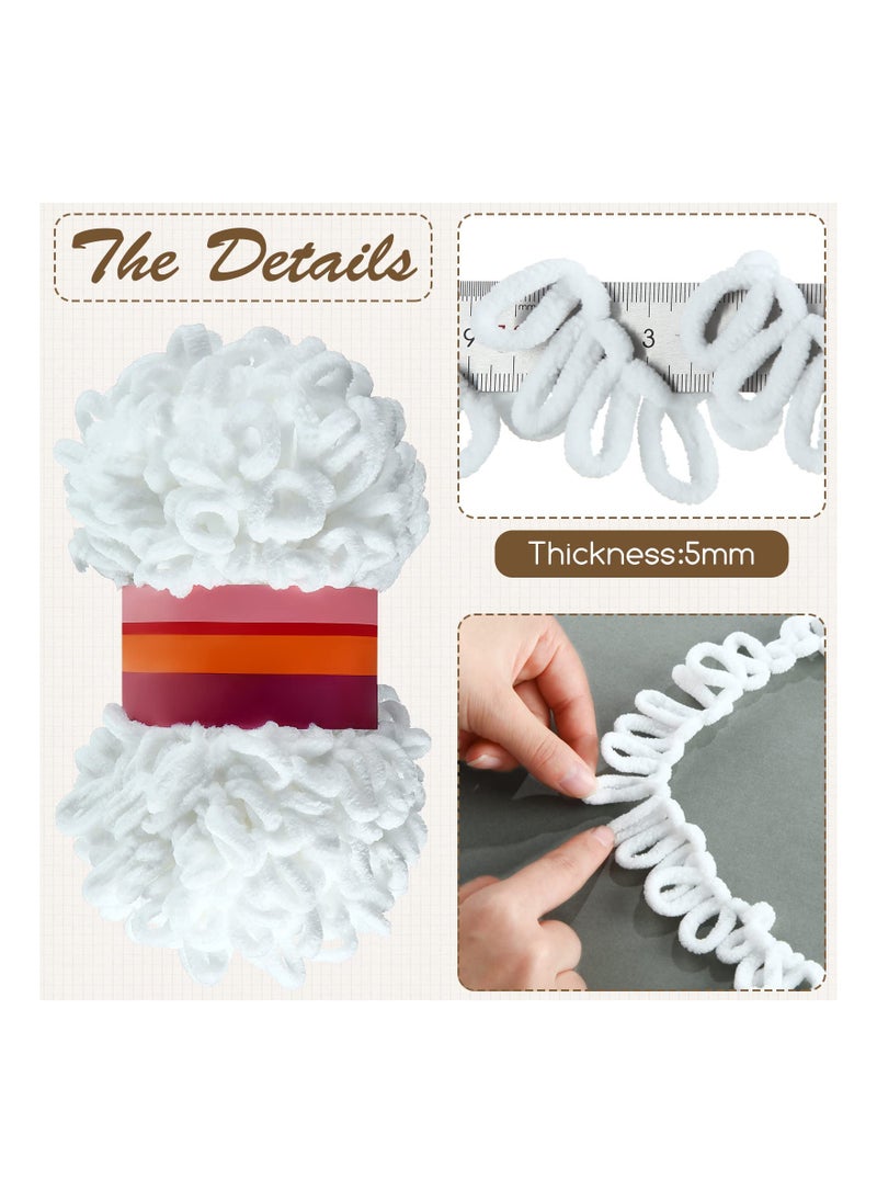 5 Rolls Loop Yarn, White Puffy Yarn Chunky Finger Loop Yarn Craft Finger Knitting Loop Yarn Soft Finger Loops Yarn Chunky Baby Blanket Loop Yarn for DIY Hand Woven Knitting Crafts Supplies