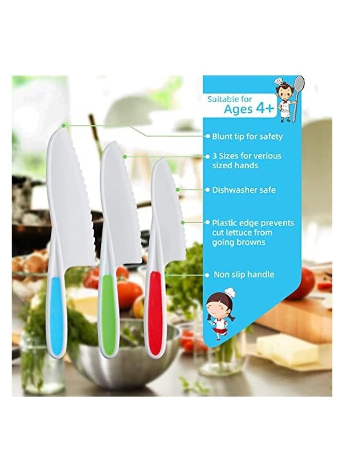 Toddler Knife Set, Kids Safe Plastic Kitchen Knife in 3 Sizes with Crinkle Cutter and Y Peeler, Kids Knife for Real Cooking Bread Chopping Vegetables Fruits Salad Cake (5Pcs)