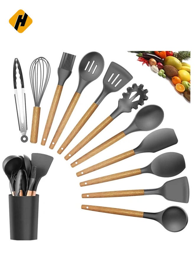 Silicone Cooking Utensil Set, 12 Piece, Heat Resistant Spatulas and Spoons for Non-Stick Pots and Pans (Black)