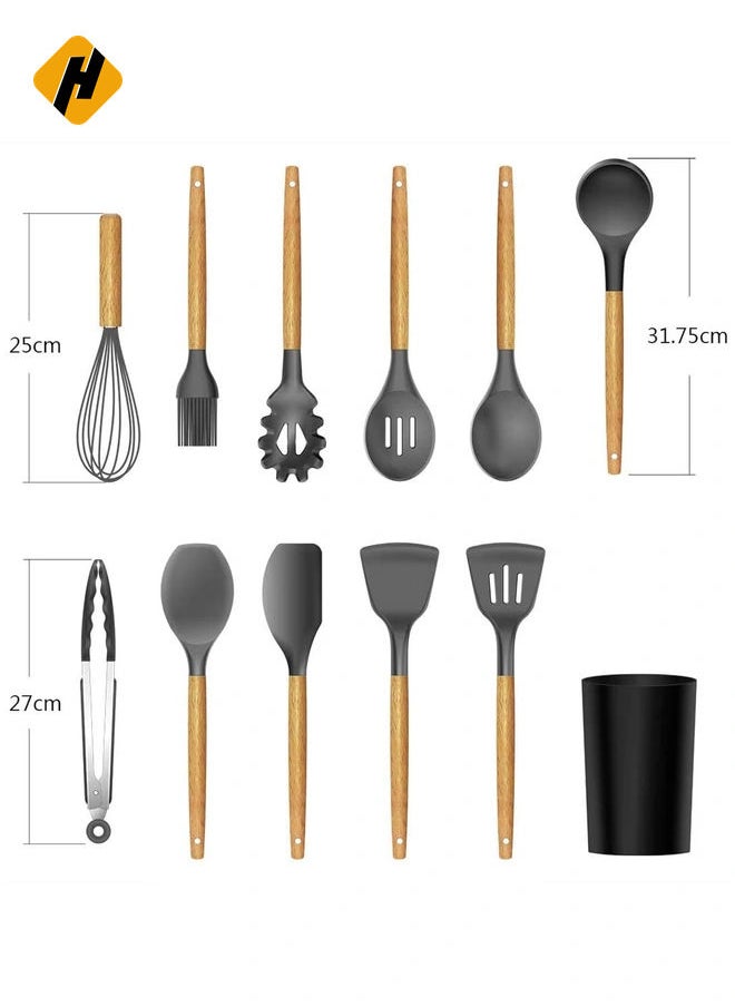 Silicone Cooking Utensil Set, 12 Piece, Heat Resistant Spatulas and Spoons for Non-Stick Pots and Pans (Black)